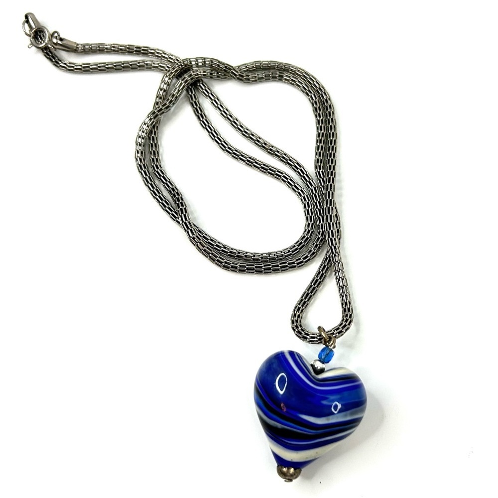 Silver Tone Blue and White Art  Glass Puffy Heart Necklace